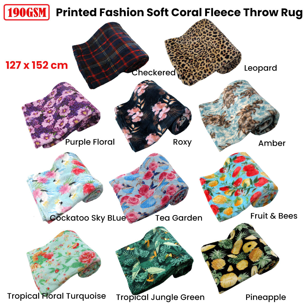 190GSM Fashion Printed Ultra Soft Coral Fleece Throw 127 x 152cm Tropical Floral Turquoise