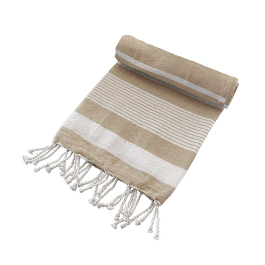 Cotton Rich Large Turkish Beach Towel with Tassels 80cm x 155cm Taupe