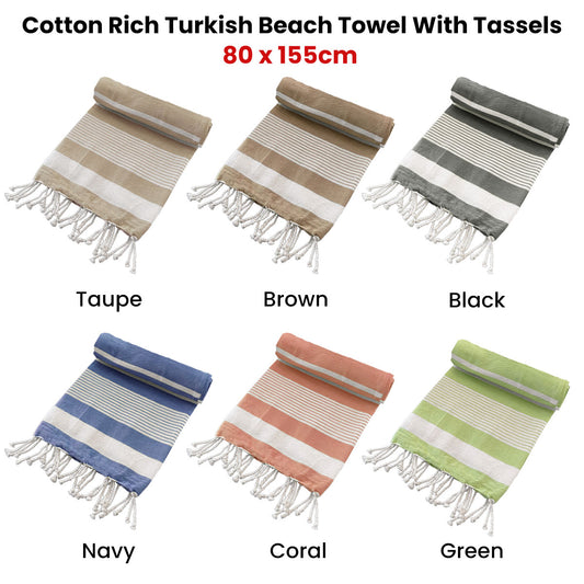 Cotton Rich Large Turkish Beach Towel with Tassels 80cm x 155cm Taupe