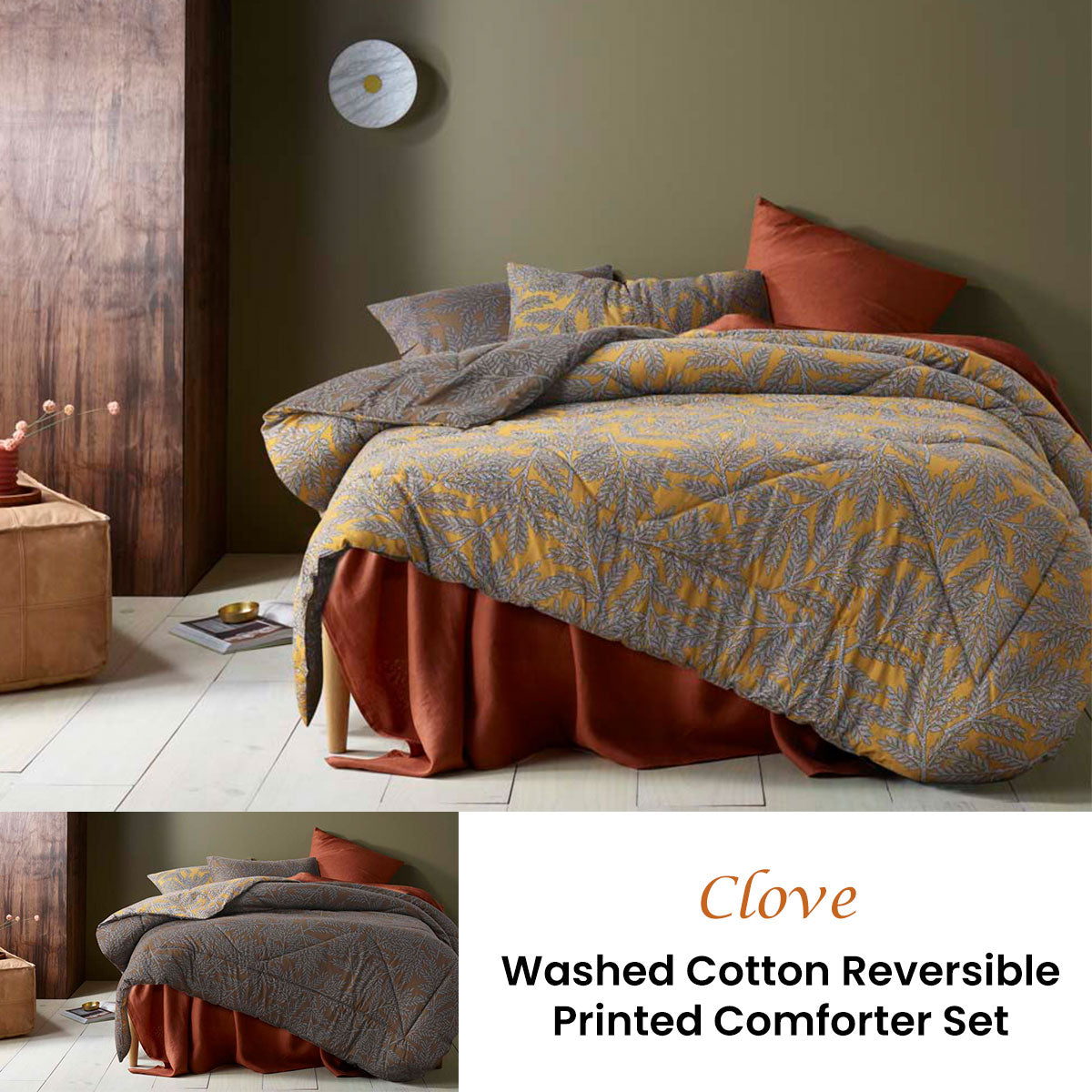 Accessorize Clove Washed Cotton Printed Reversible Comforter Set King