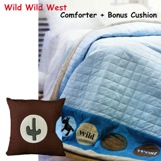 Happy Kids Wild Wild West Blue Embroidered Comforter with Bonus Cushion