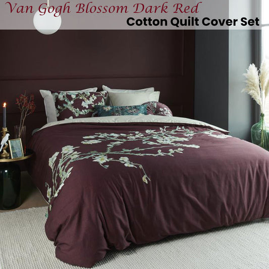 Bedding House Van Gogh Blossom Dark Red Cotton Quilt Cover Set King