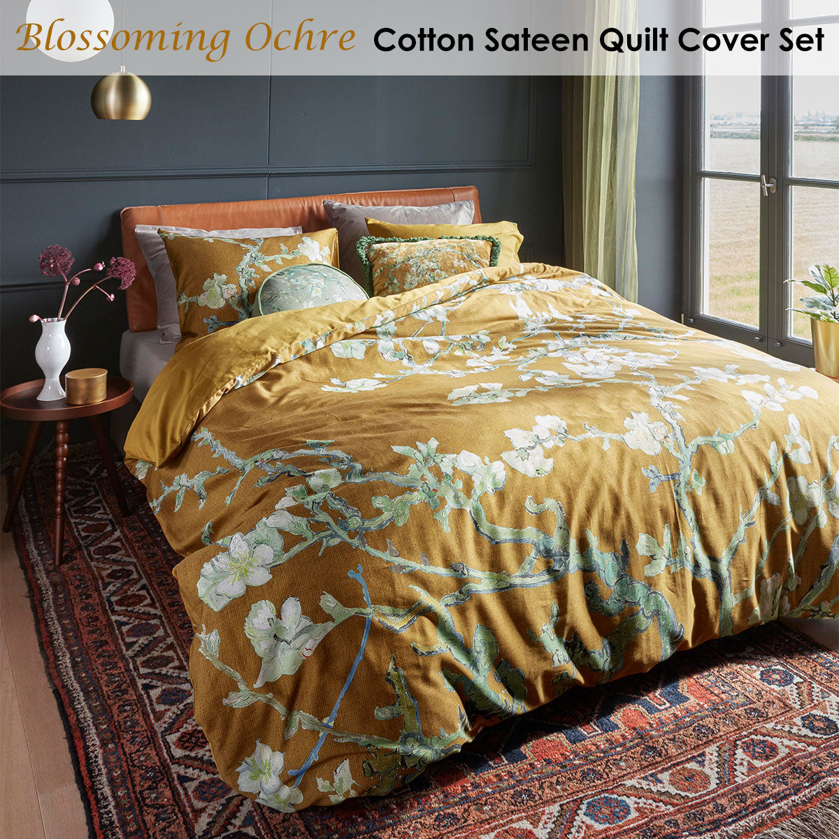 Bedding House Blossoming Ochre Cotton Sateen Quilt Cover Set King