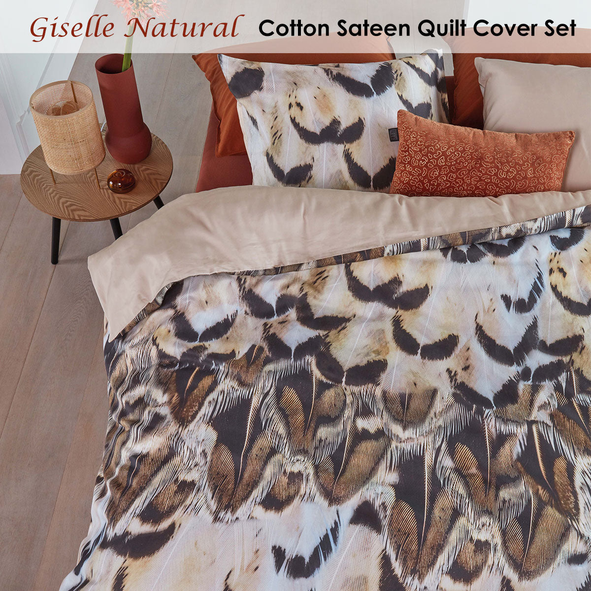 Bedding House Giselle Natural Cotton Sateen Quilt Cover Set Queen