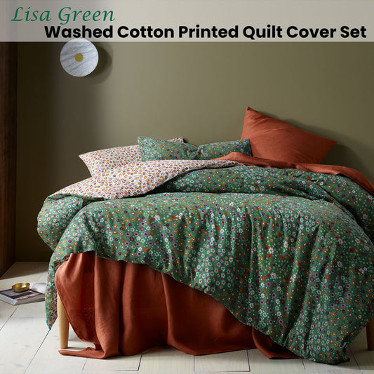 Accessorize Lisa Green Washed Cotton Printed Quilt Cover Set Queen