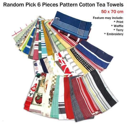 Random Pick Set of 6 100% Cotton Pattern Tea Towels - 50 x 70 cm
