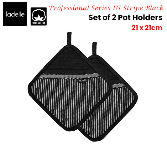 Ladelle Professional Series Stripe Black Set of 2 Pot Holders 21 x 21 cm