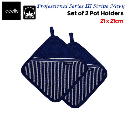 Ladelle Professional Series Stripe Navy Set of 2 Pot Holders 21 x 21 cm