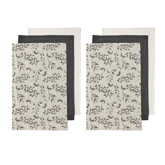 Ladelle Grown Ivy Set of 6 Cotton Kitchen Towels Charcoal