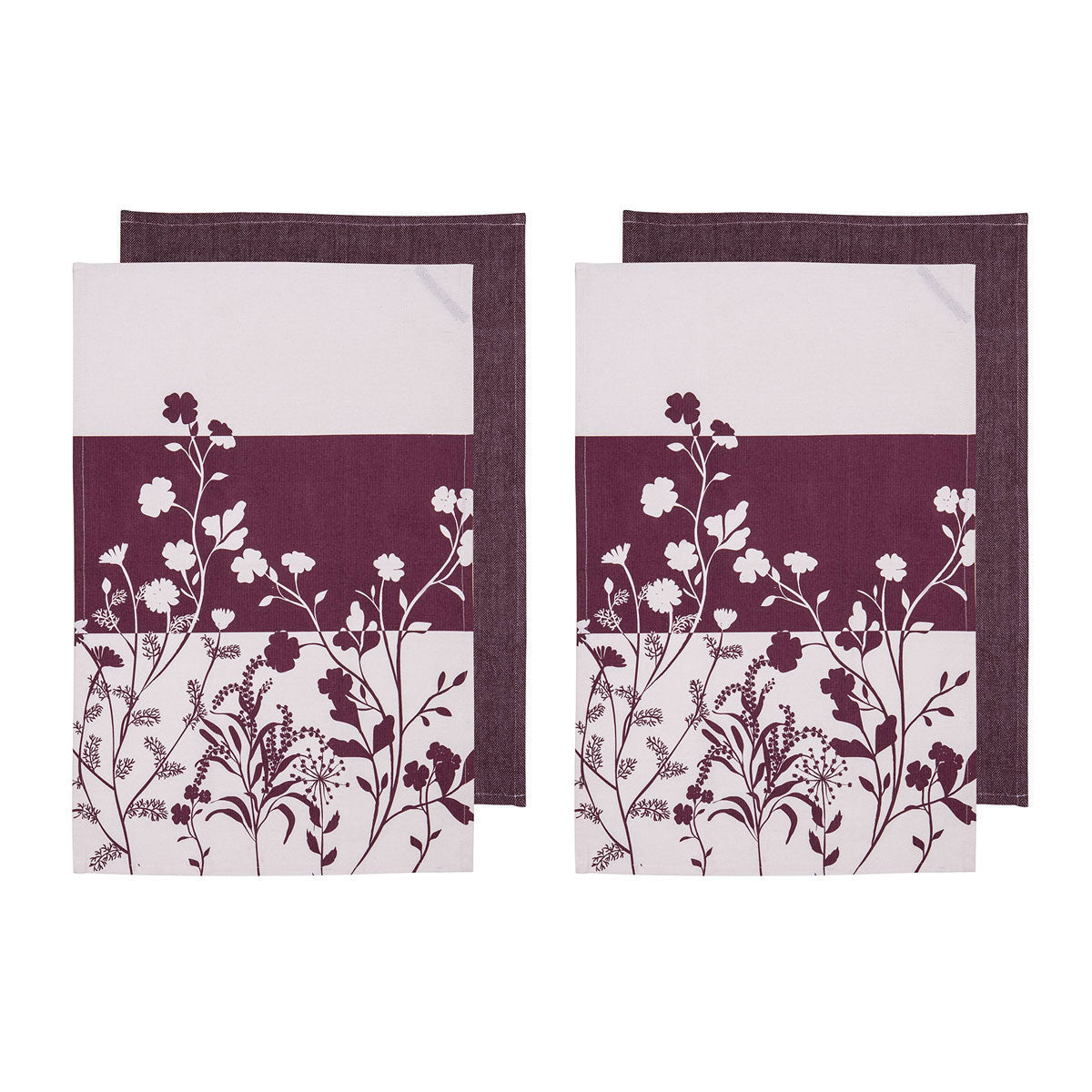 Ladelle Set of 4 Homespun Flower Cotton Kitchen Tea Towels 50 x 70 cm Mulberry