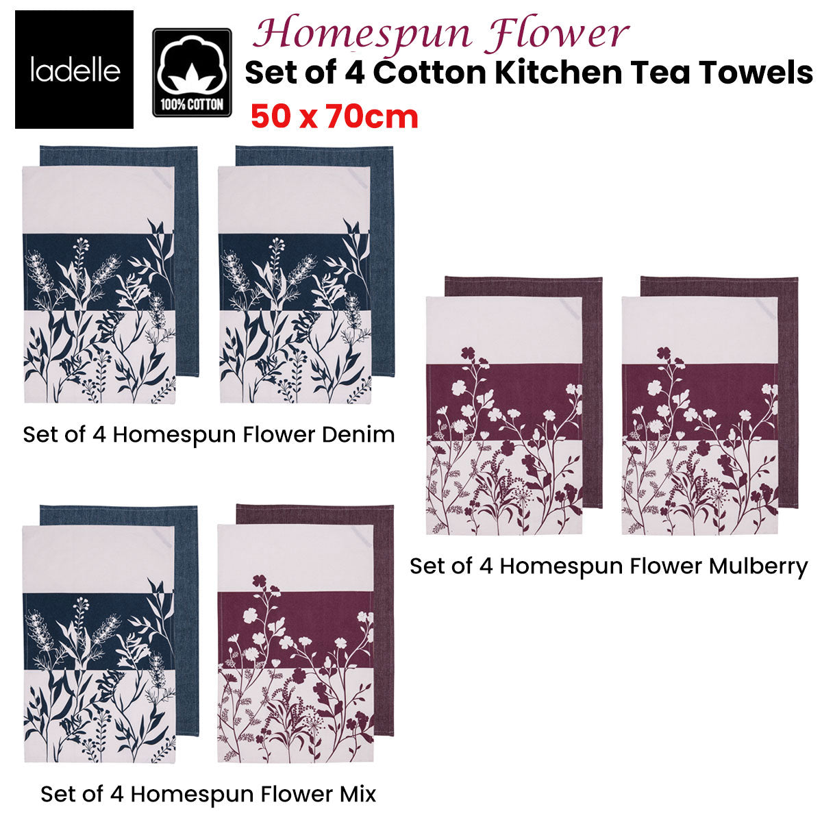 Ladelle Set of 4 Homespun Flower Cotton Kitchen Tea Towels 50 x 70 cm Mulberry