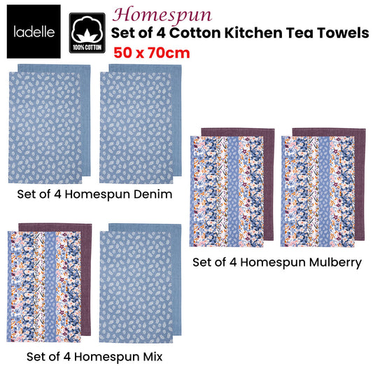 Ladelle Set of 4 Homespun Cotton Kitchen Tea Towels 50 x 70 cm Mulberry