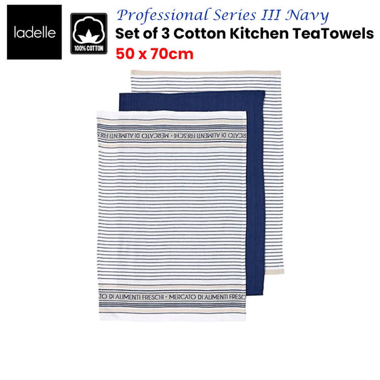 Ladelle Set of 3 Professional Series III Cotton Kitchen Tea Towels Navy 50 x 70 cm