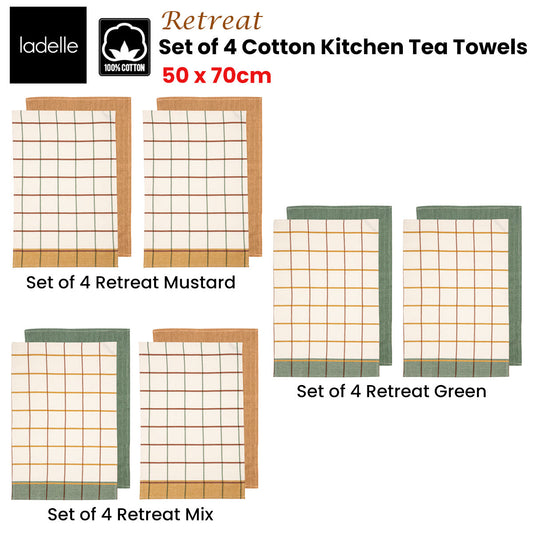 Ladelle Set of 4 Retreat Cotton Kitchen Tea Towels 50 x 70 cm Green