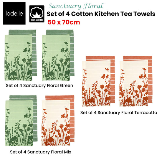 Ladelle Set of 4 Sanctuary Floral Cotton Kitchen Tea Towels 50 x 70 cm Green