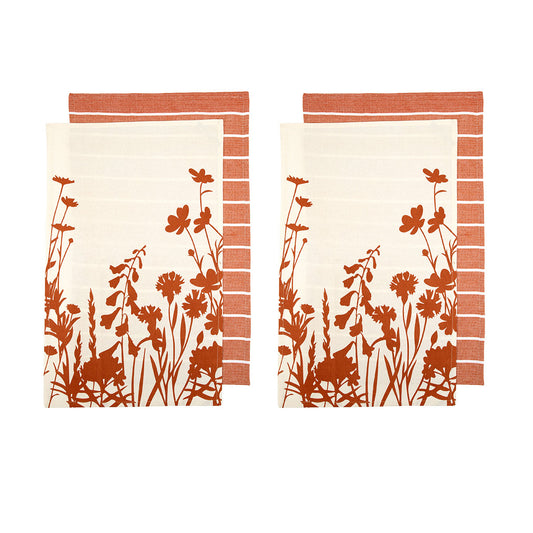 Ladelle Set of 4 Sanctuary Floral Cotton Kitchen Tea Towels 50 x 70 cm Terracotta