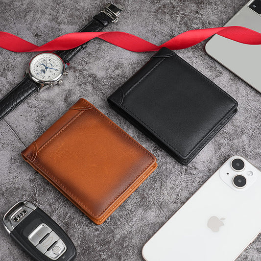100% Genuine Leather Men's Wallet RFID Blocking Card Holder Bifold and Long Wallets (Brown Bifold Horizontal)