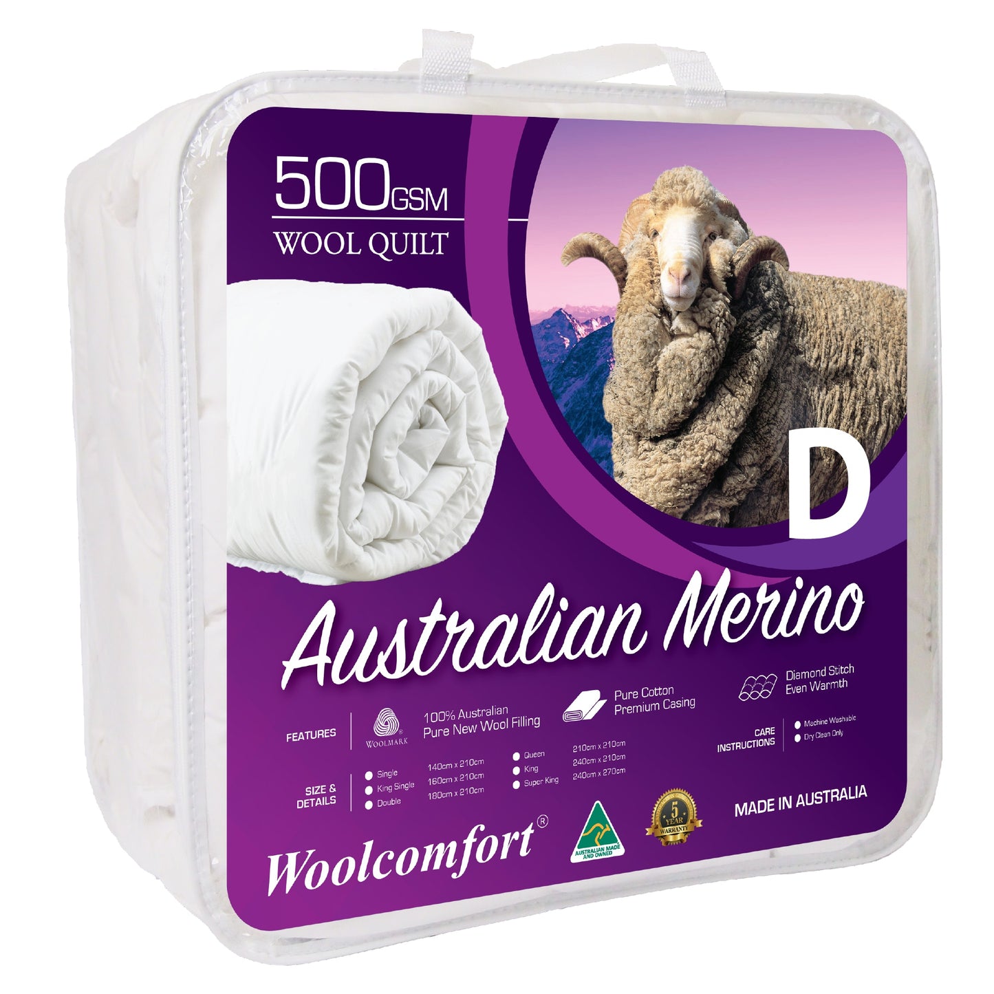 Woolcomfort Aus Made Merino Wool Quilt 500GSM 180x210cm Double Size