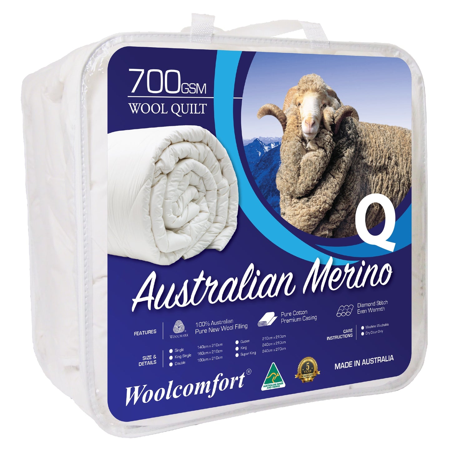 Woolcomfort Aus Made Merino Wool Quilt 700GSM 210x210cm Queen Size
