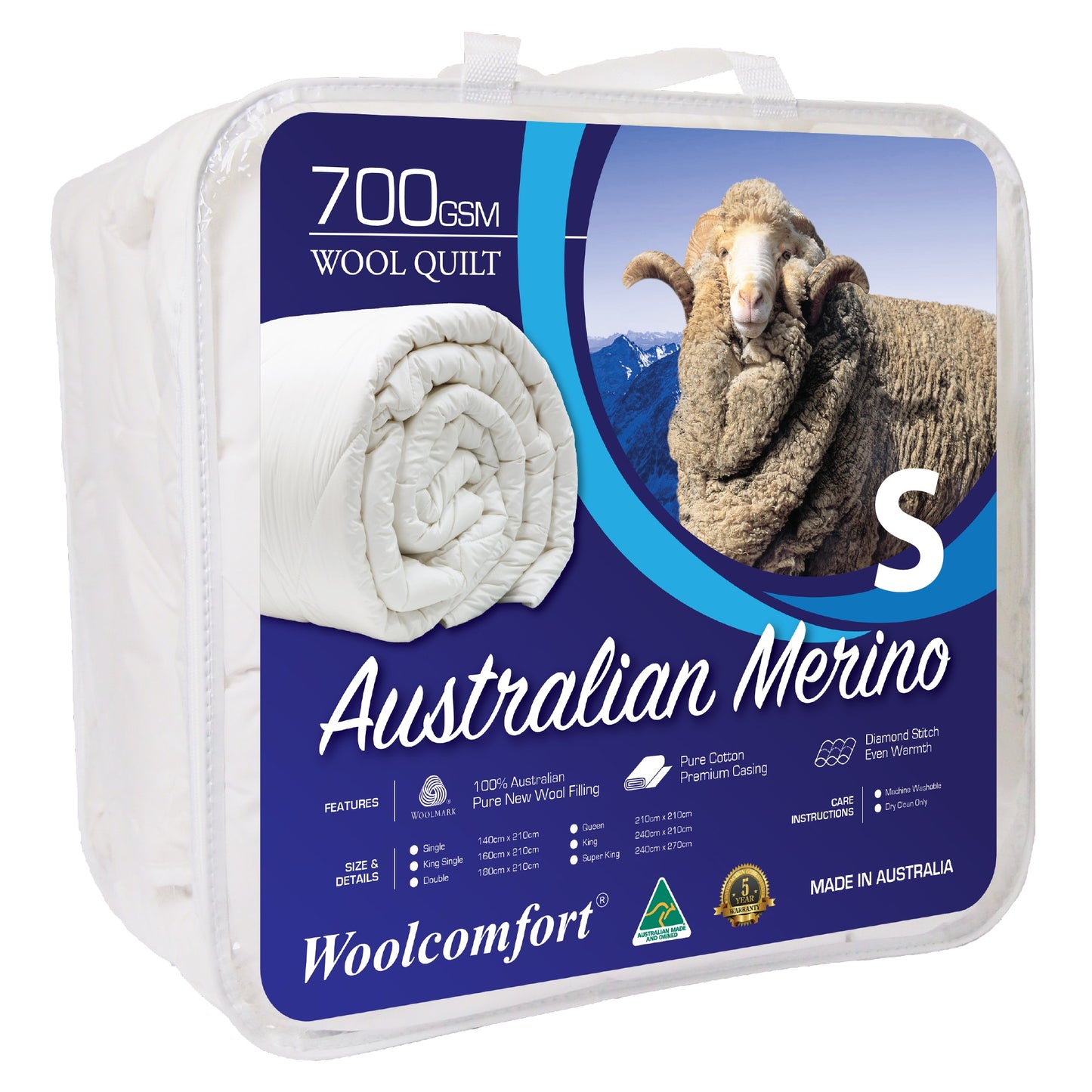 Woolcomfort Aus Made Merino Wool Quilt 700GSM 140x210cm Single Size