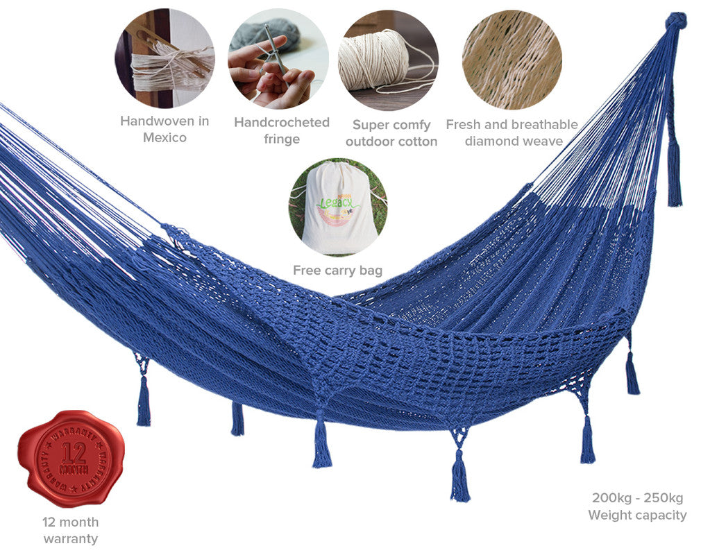 Outdoor undercover cotton Mayan Legacy hammock with hand crocheted tassels King Size Blue