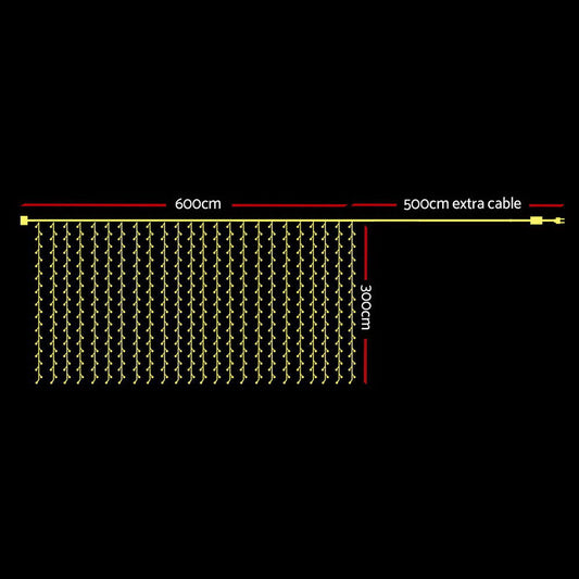 Jingle Jollys 6X3M Christmas Lights Curtain Light Warm White 600 LED
