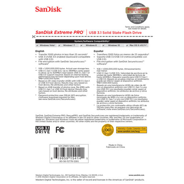 SANDISK CZ880 EXTREME PRO USB 3.1 420/380mb/s  SOLID STATE FLASH DRIVE 256GB SDCZ880-256G