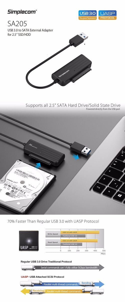 Simplecom SA205 Compact USB 3.0 to SATA Adapter Cable Converter for 2.5" SSD/HDD