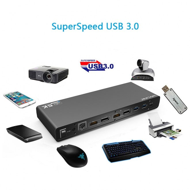 Wavlink USB-C Ultra 5K Laptop Docking Station with 6x USB3.0, 4K Dual Video Outputs, Gigabit Ethernet, Audio WS-UG69DK1